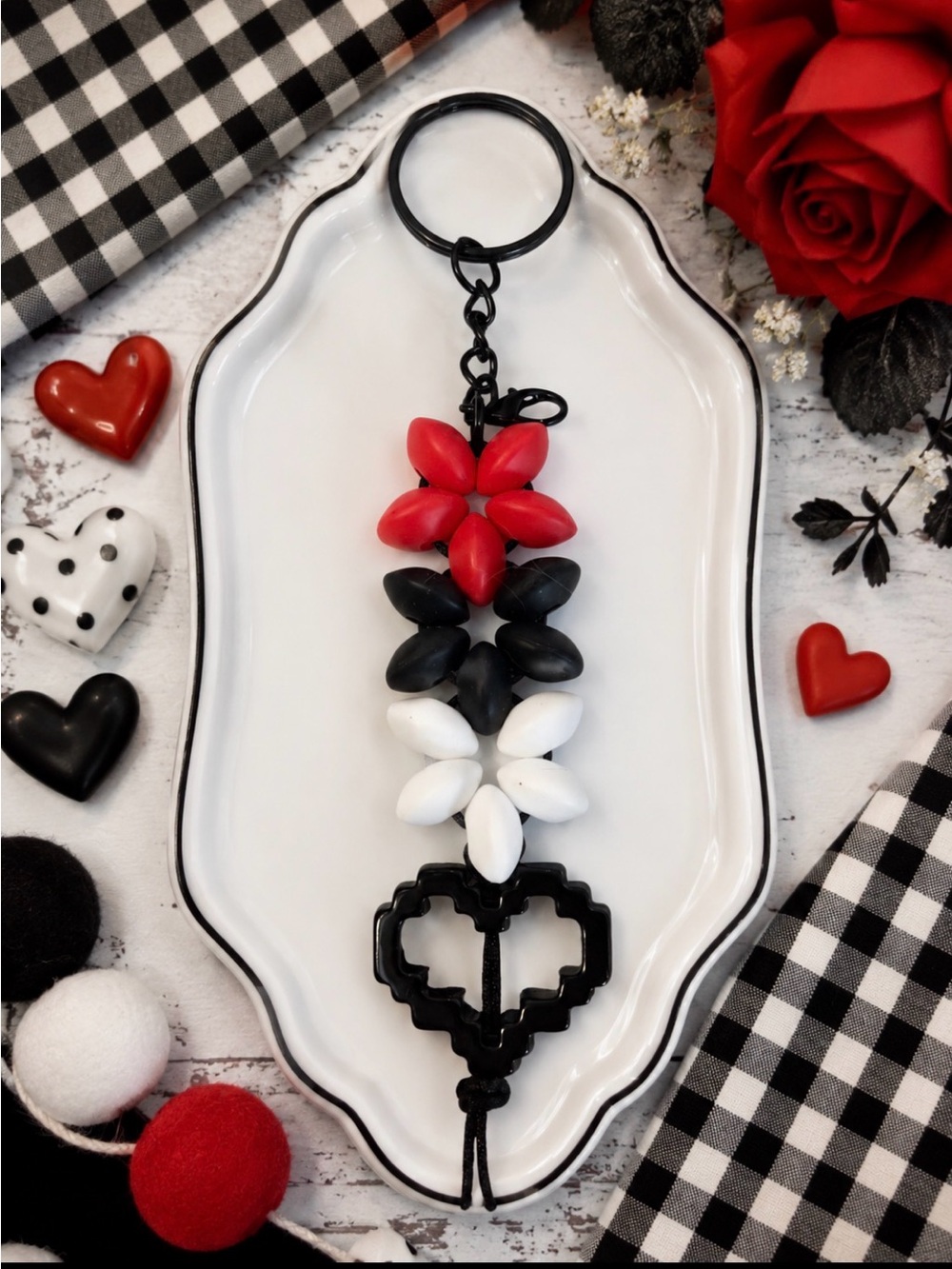 Hand Crafted Red Black White Beaded Floral Heart Keychain